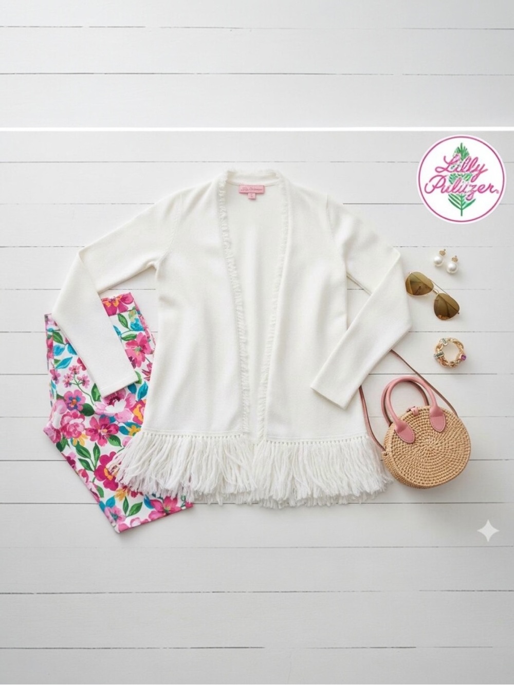 Lilly Pulitzer Solid White Fringed Cardigan Sz. S